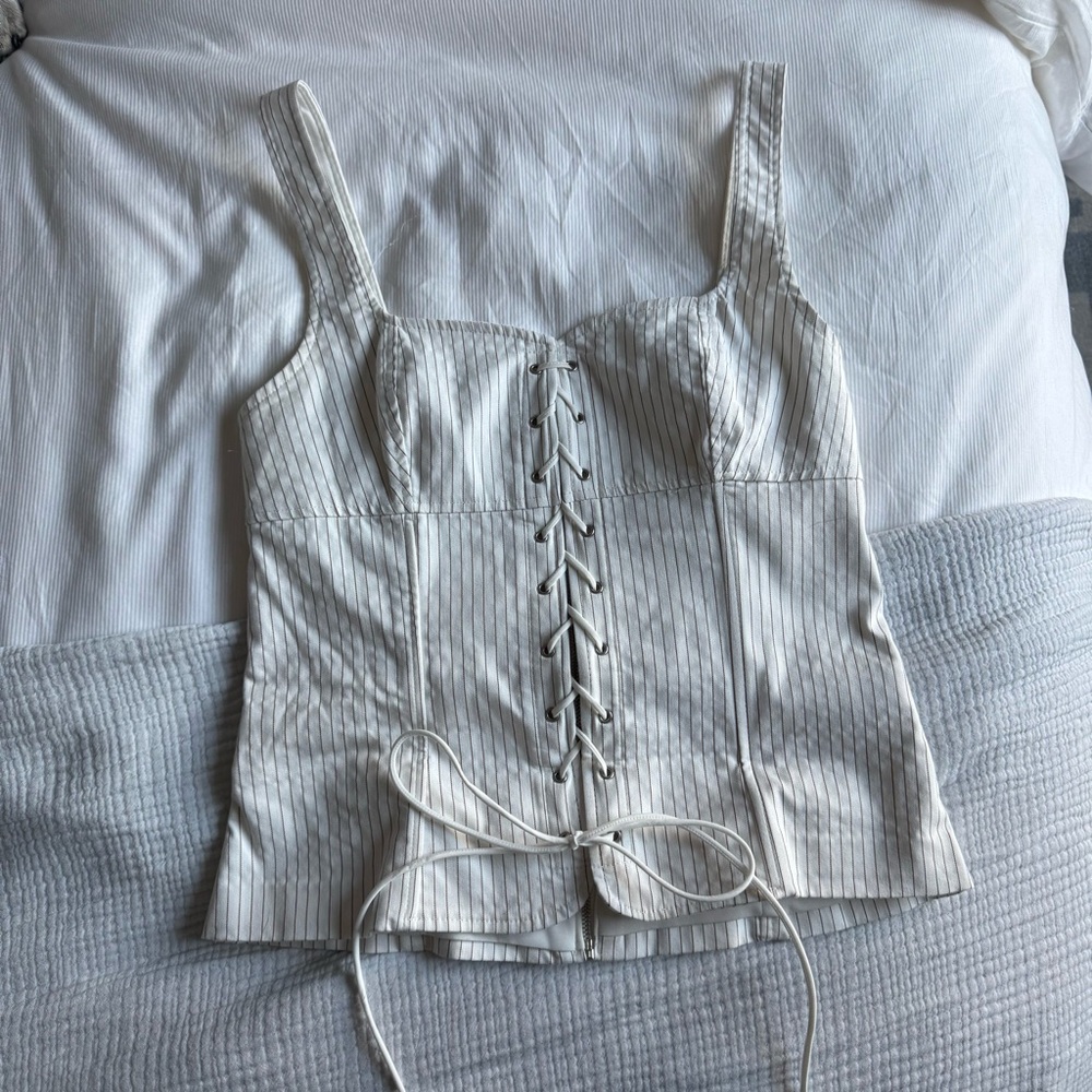 Zara Ivory Pinstripe Lace-Up Tank Top